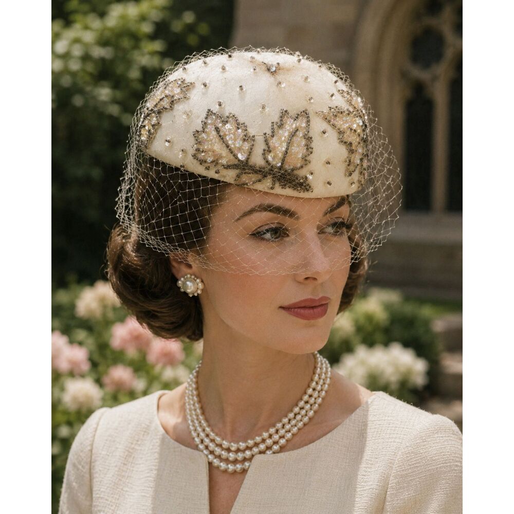 Vintage Famous Barr Ivory Beaded Pillbox Hat Birdcage Veil Union Made